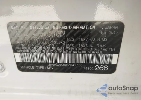 2017 Mitsubishi Outlander Es z USA, uszkodzony, nr VIN JA4AD2A30HZ041730